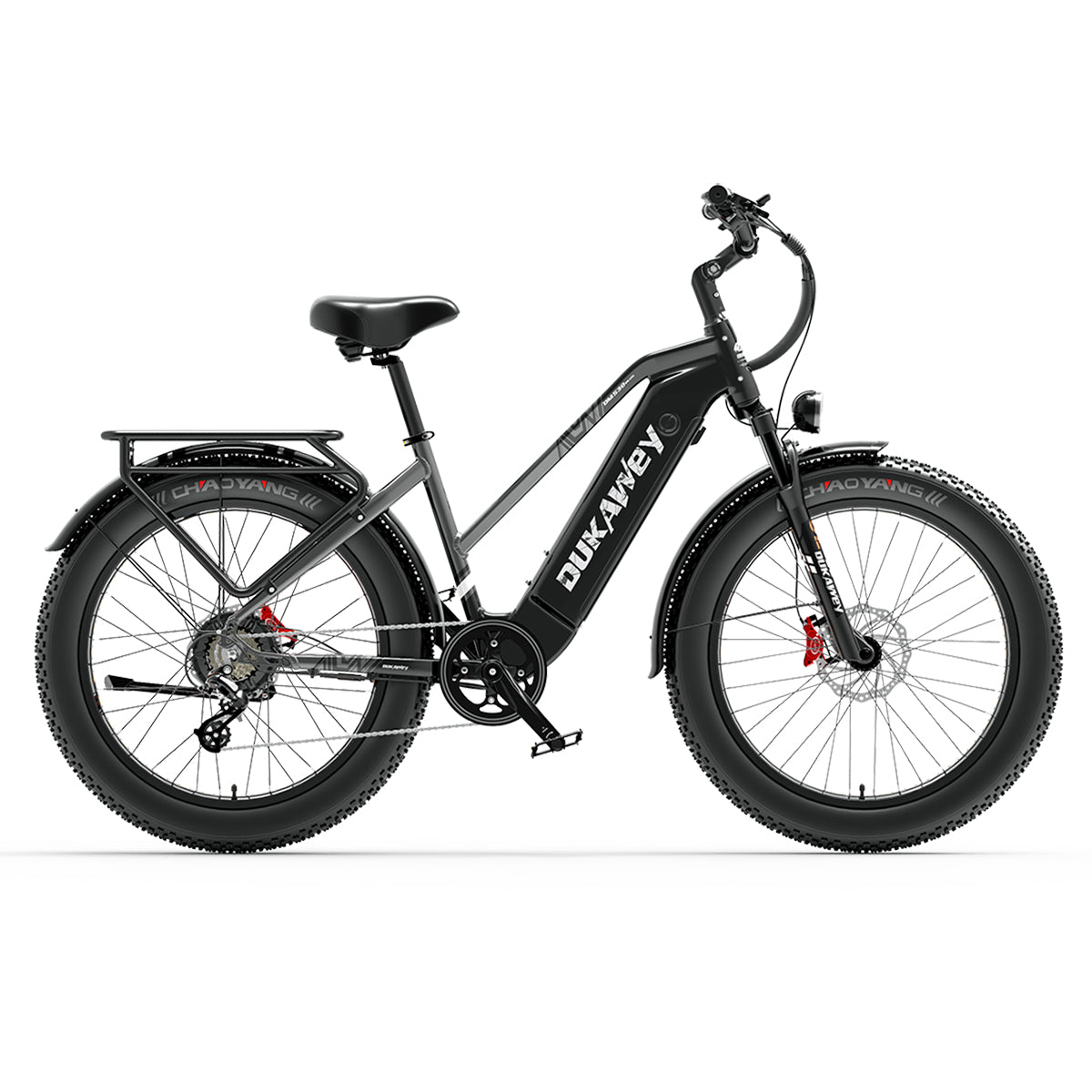 Lankeleisi.eu Dukawey DM530 Plus 1000W all-terrain electric bike with rugged frame and mountain bike tires, ready for off-road riding.