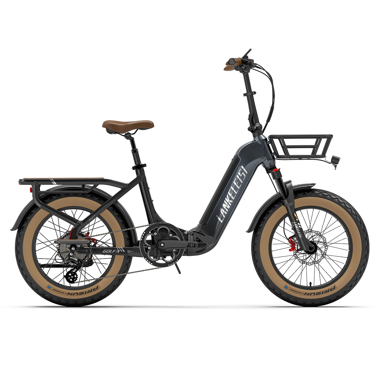 Foldable city electric bike by LANKELEISI GOLF-X with step-thru frame and 960Wh battery, shown in a city setting.