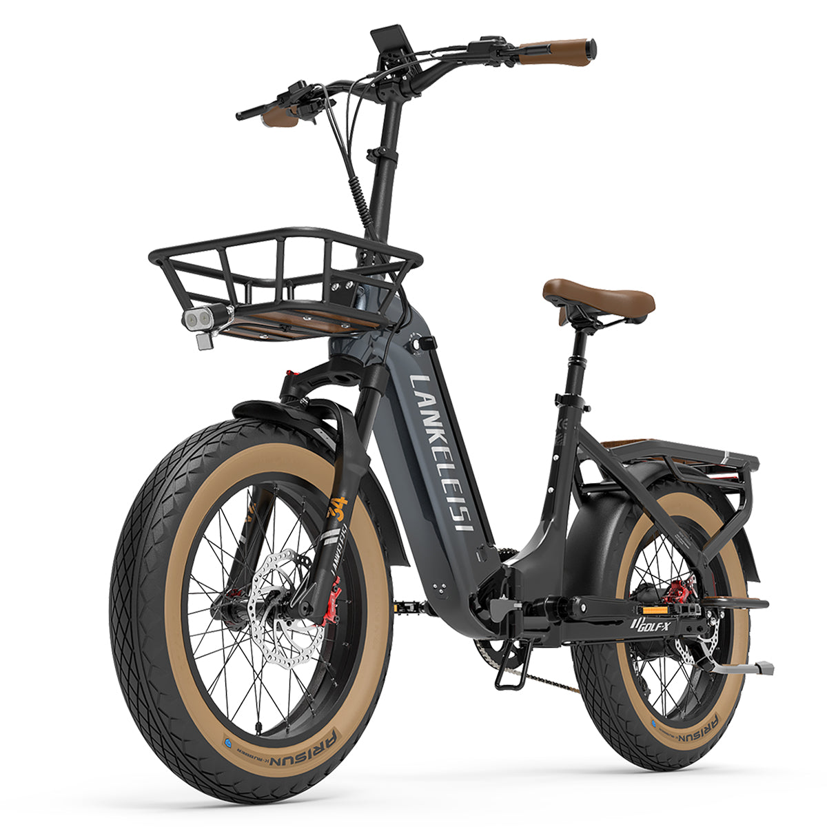Foldable city electric bike by LANKELEISI GOLF-X with step-thru frame and 960Wh battery, shown in an outdoor urban setting.