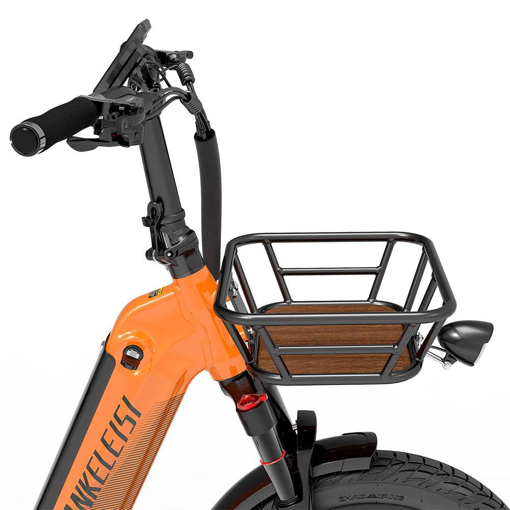 Front basket for Lankeleisi KETT-8, Wombat-1 Lite, and Golf-X electric bikes, shown mounted on bike frame.