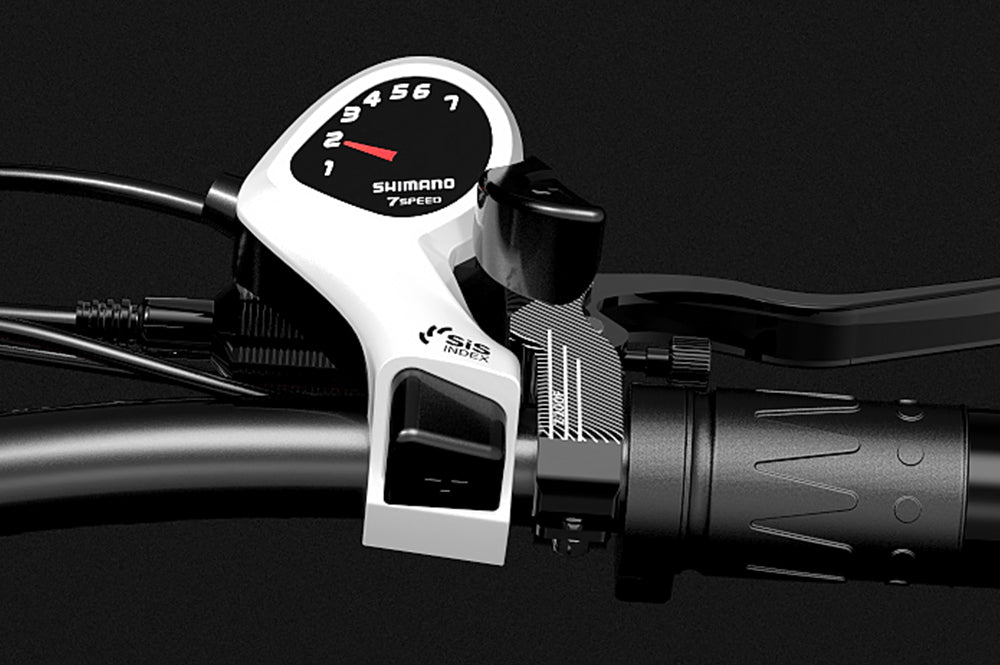 Lankeleisi bikes ebike gear speed shifter control thumb dials, close-up of black plastic dials on handlebar for easy gear shifting