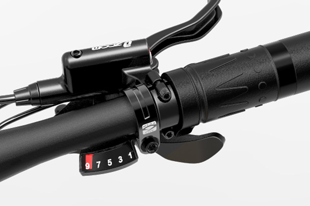 Lankeleisi bikes e-bike gear speed shifter control thumb dials showing close-up of black dials with gear markings
