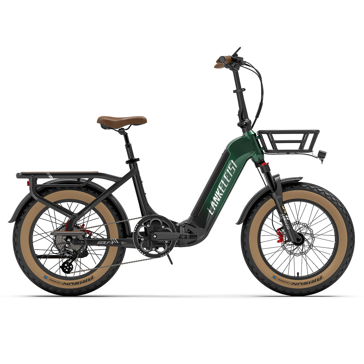 Foldable city electric bike by LANKELEISI GOLF-X with step-thru frame and 960Wh battery, shown with handlebar and frame details.