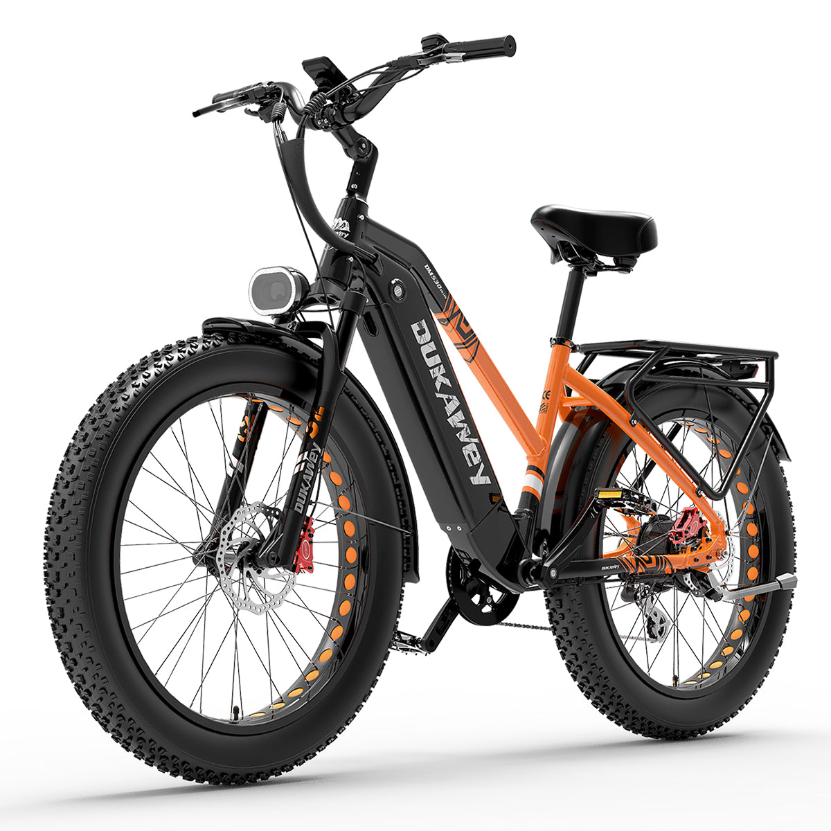Lankeleisi.eu Dukawey DM530 Plus 1000W all terrain electric bike with sturdy frame and mountain tires on a rugged trail.