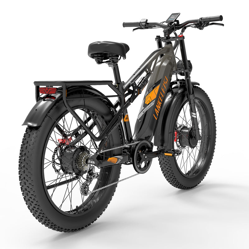 LANKELEISI MG800Max 2000W dual motor electric bike with 26-inch fat tires and grey frame, designed for all terrain riding.