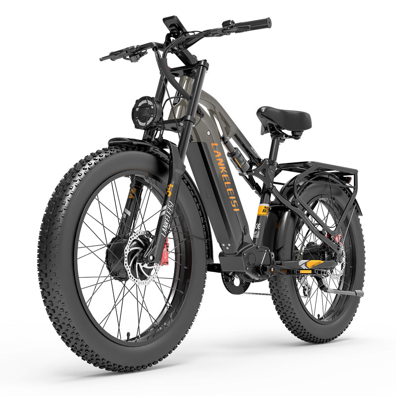 LANKELEISI MG800Max electric bike with dual motors, 26-inch fat tires, gray frame, designed for all terrain riding.