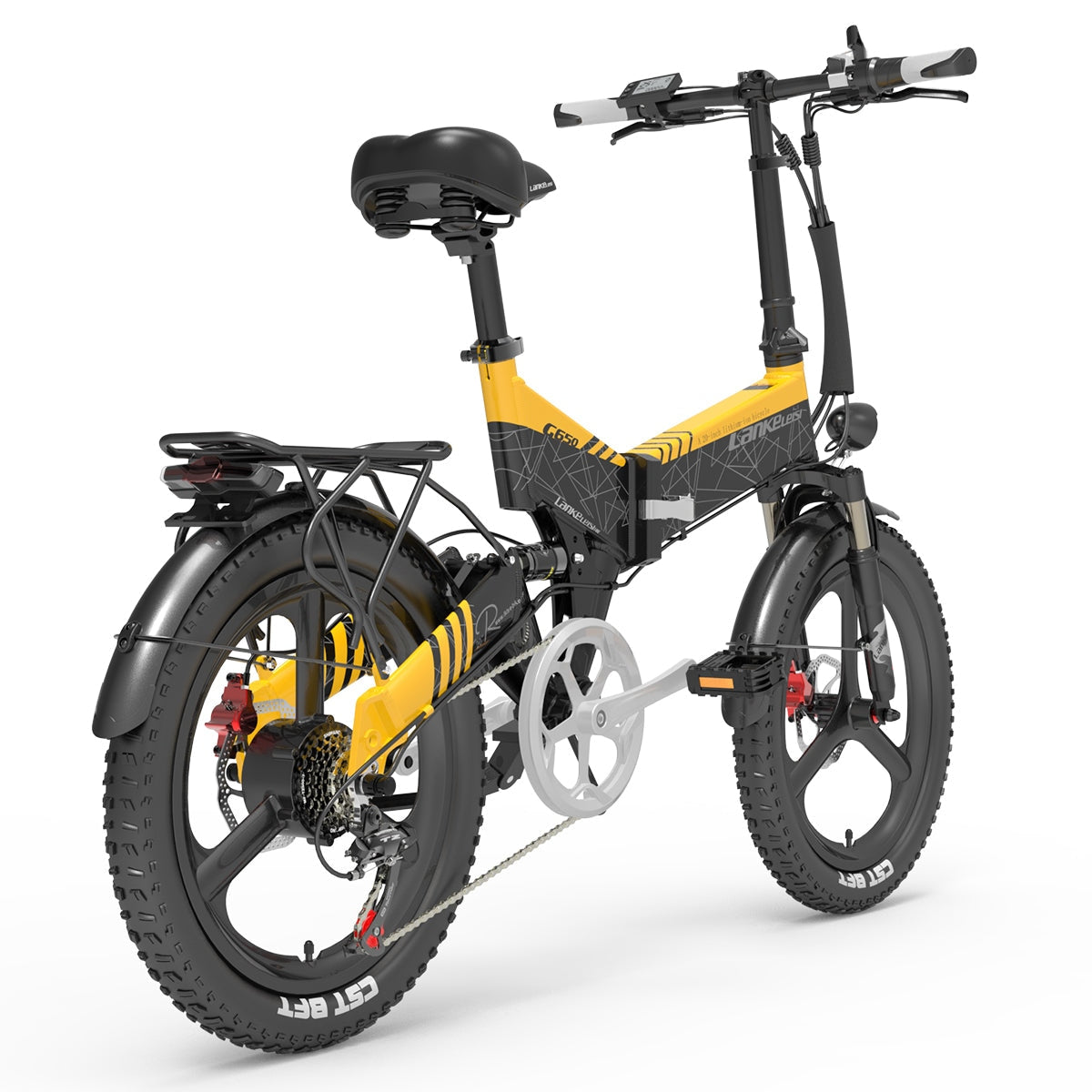 Lankeleisi G650 folding electric city bike in red with a step-through frame and handlebar controls, ready for urban commuting.