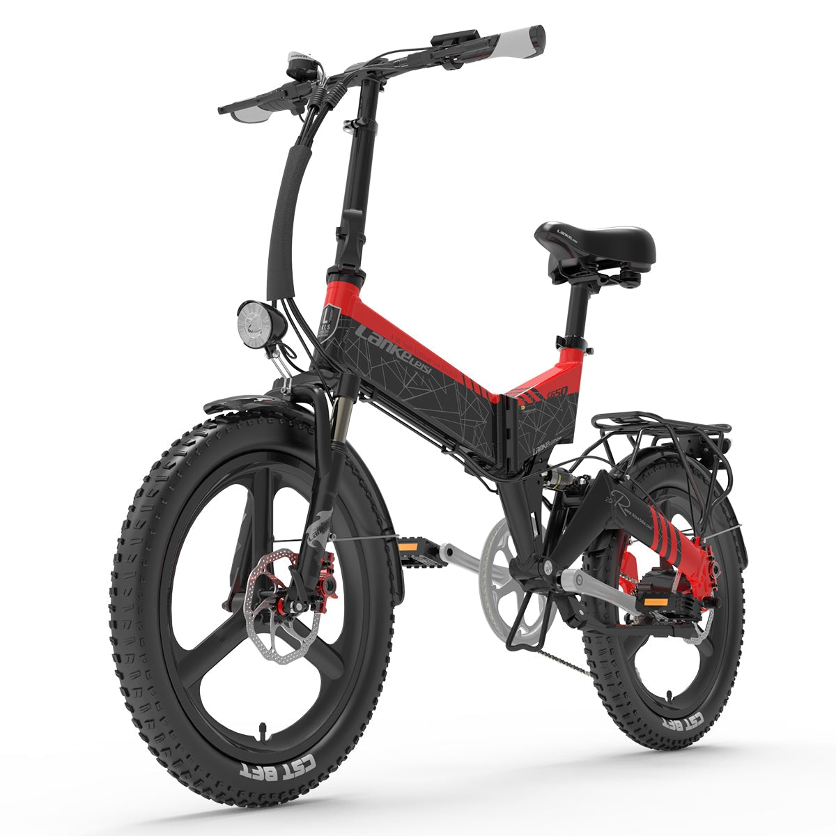 Lankeleisi G650 folding electric city bike in red, featuring a sleek frame and compact design for urban commuting.