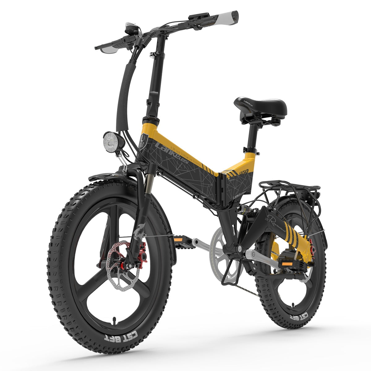 Lankeleisi G650 folding electric city bike in yellow with handlebars, saddle, and compact frame, ideal for urban commuting.