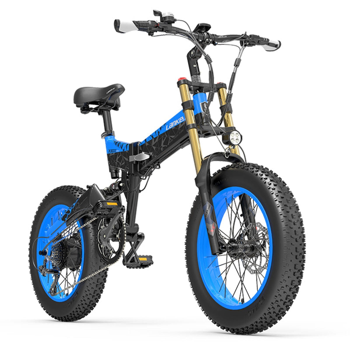 Yellow LANKELEISI X3000Plus-UP fat tire snow e-bike with thick tires and mountain bike frame, designed for winter snow riding.