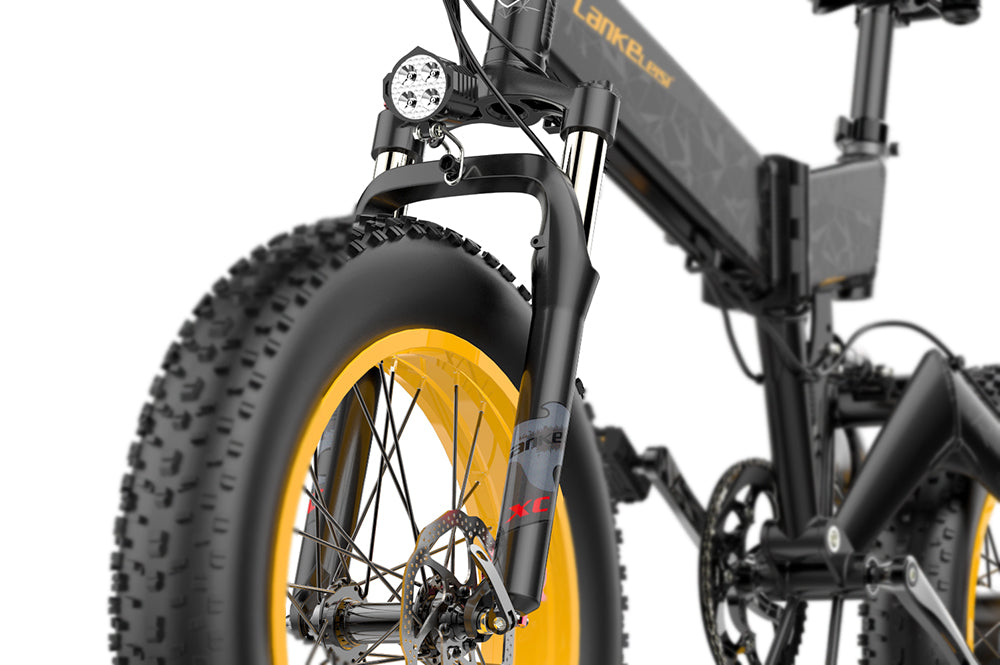 Front fork shock absorber for LANKELEISI electric bike, showcasing the durable suspension component for smooth riding.