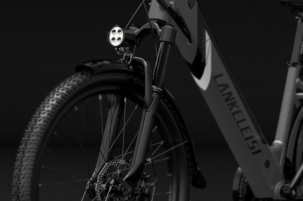 Front fork shock absorber for LANKELEISI electric bike, showing the suspension component on the bike's front fork.