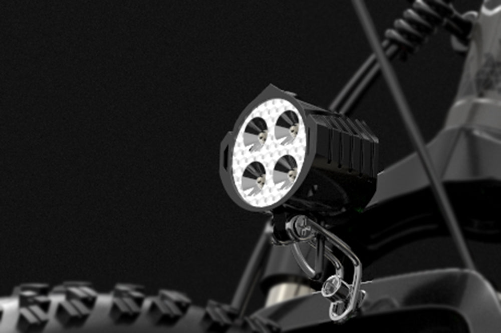 Front light with horn for Lankeleisi electric bike, RV700 model, mounted on the bike's handlebar, providing illumination and signaling.