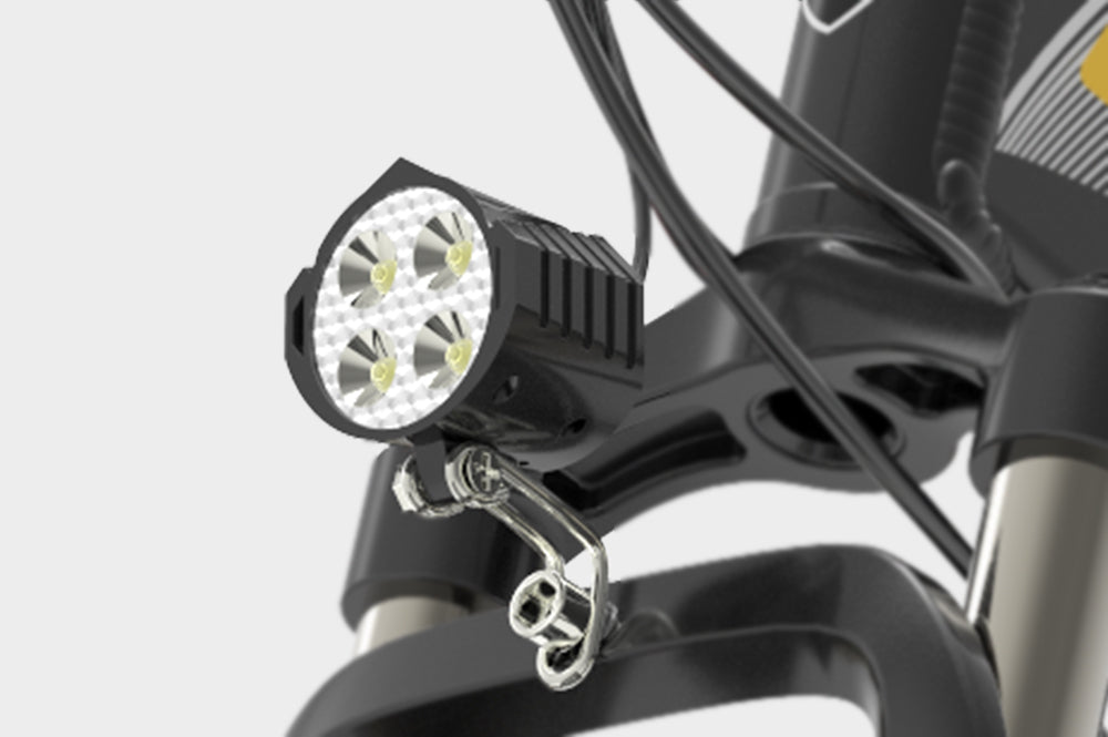 Front LED light and horn for LANKLEISI electric bike X2000 PLUS, mounted on the bike's front for visibility and safety.