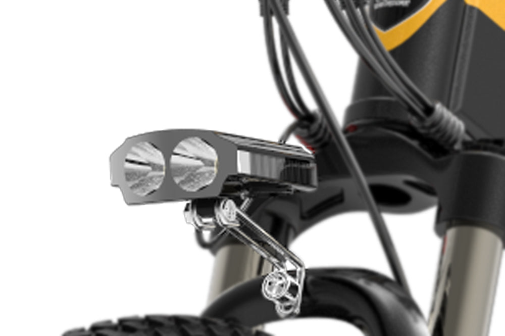 Front light and horn for Lankeleisi electric bike XT750 Sport, showcasing the LED lamp and integrated horn on the bike's front.